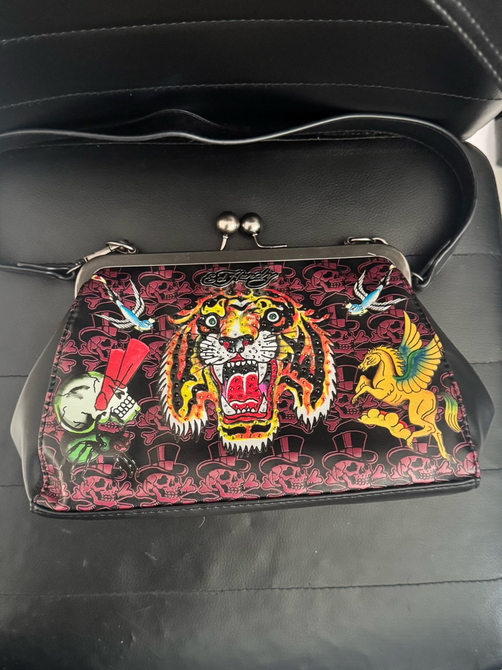 Ed Hardy Black Graphic Tiger Kiss-Lock Crossbody Bag